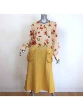 R13 Bellow Pocket Midi Dress Yellow Ombre Poppy Print Linen Size Medium NEW